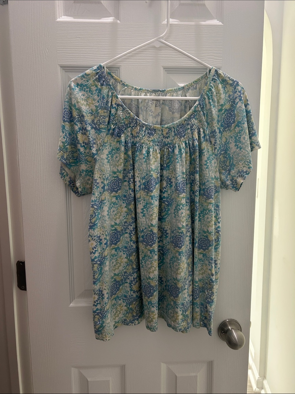 Kim Rogers Blue Floral Smocked Scoop-Neck Tunic